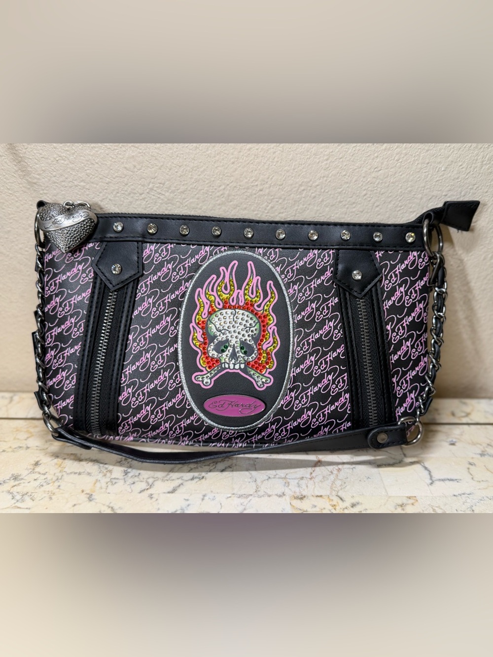Ed Hardy Black and Pink Flame Skull Shoulder Bag